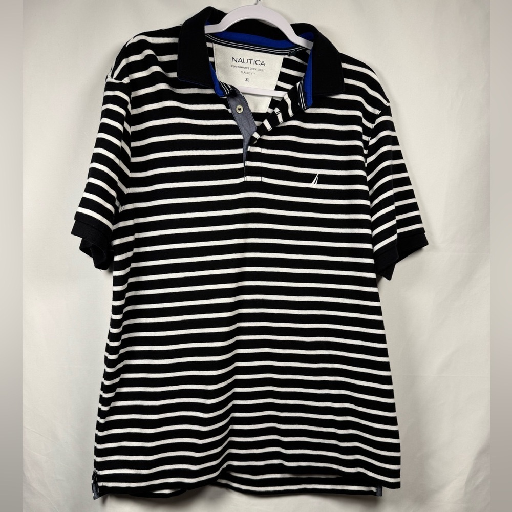 Nautica Black and White Striped Polo Shirt XL